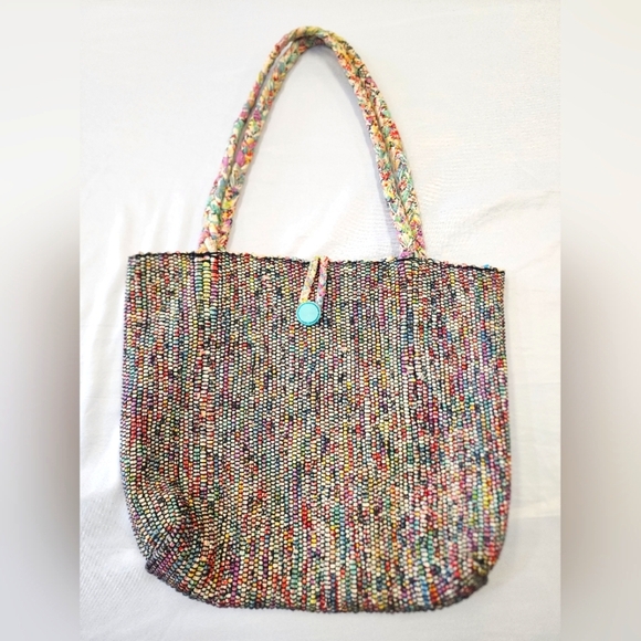 Gina Levesque Womens Multicolor Hand-Woven Fabric Tote Bag Braided Fabric Straps - Picture 1 of 10